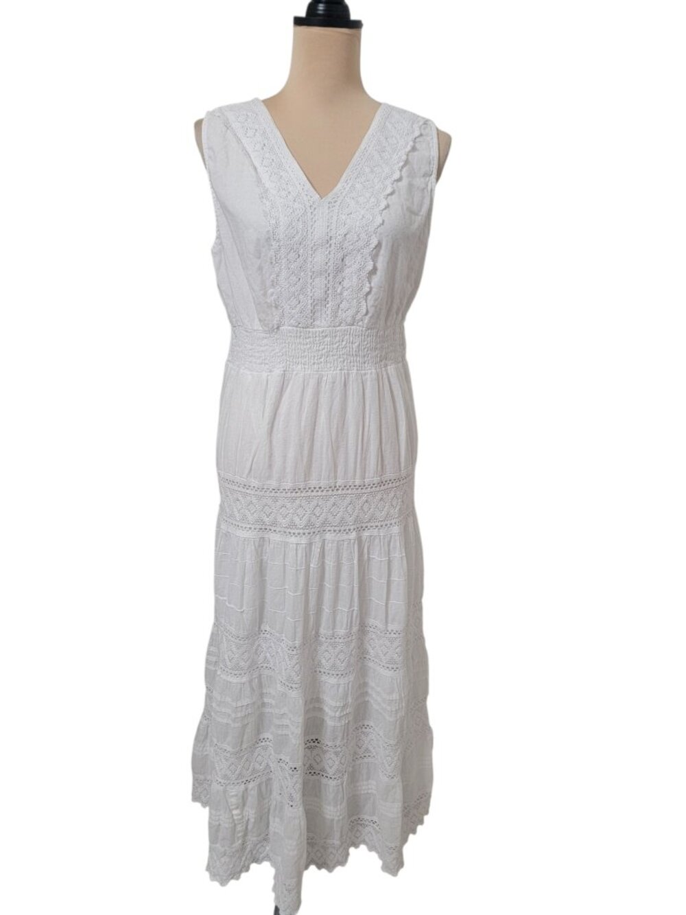 Dress Nado Size XL White Bohemian Tiered Sleeveless Maxi Dress 100% Cotton